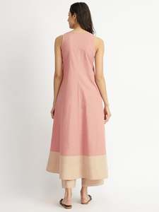 Vestido Midi Rosa con Cuello Henley, Manga Tres Cuartos, Corte Holgado, Algodón y Lino, Ropa Casual para Todas las Temporadas, Color Sólido, Tejido de Tela - Product Image 2