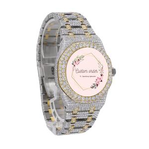 Montre de luxe pour homme avec bracelet en acier inoxydable, sertie de moissanite taille ronde qualité VVS, ton or jaune, analogique, style hip-hop - Product Image 2