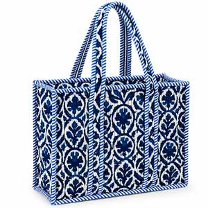 Blue And <b>White</b> Patterned Canvas Tote <b>Bag</b> With Stripe Trim Preppy Style Open Top Shopping <b>Bag</b> All Seasons - Product Image 1