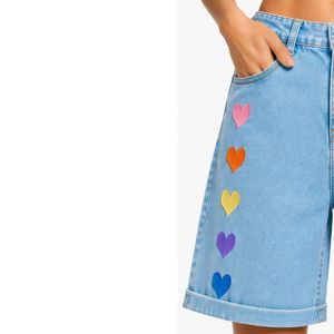 <b>Light</b> Blue <b>Rainbow</b> Heart Embroidered Women Denim Shorts High Waist Casual Loose Fit Rolled Hem Cotton Summer Fashion Jeans Short - Product Image 3