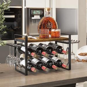 Porte-vin de table en bois rustique brun et métal noir, capacité 8 bouteilles, support de rangement pour 8 bouteilles, autoportant - Product Image 2