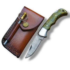Couteaux pliants en acier Damas avec étui en cuir véritable, couteaux de poche compacts pour la chasse, le camping, la randonnée, la survie et l'EDC - Product Image 1