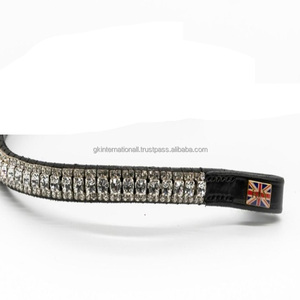 Bandeau de tête pour cheval en cuir véritable fait main avec logo personnalisé, décoré de 3 rangées de cristaux blancs et de diamants scintillants. - Product Image 3
