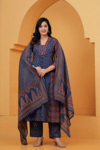 Latest <b>Women</b> Navy Blue Ethnic Printed <b>Kurta</b> Set with Dupatta | Traditional Indian Ladies Suit - Product Image 5