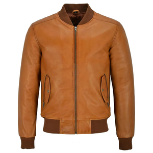 Blouson aviateur en cuir véritable marron pour homme, col rabattu, fermeture éclair, vêtement décontracté pour l'automne - Product Image 4