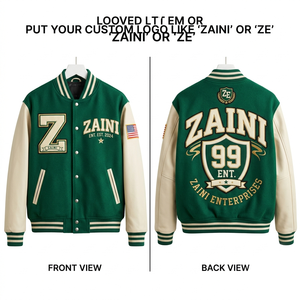 Veste universitaire en mélange de laine premium 450 GSM, couleur vert et blanc, panneaux en tricot côtelé, logo brodé personnalisé, boutons pression, streetwear - Product Image 1