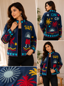 Veste bomber en velours côtelé brodée à la main, col mandarin, manches longues, fermeture éclair, style vacances d'été, veste pour femme - Product Image 2