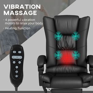PU Leather Heated Massage Executive Desk Chair with 4 Vibration Points Reclining and Adjustable <b>Footrest</b> Black Nylon Material - Product Image 4