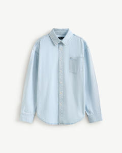 Camisa de mezclilla de punto lisa de manga larga para hombre, corte holgado, transpirable, antiencogimiento, cierre de un botón, cuello vuelto, otoño - Product Image 1