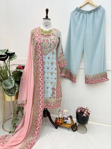 Latest Heavy Fox Georgette Hand Drawn Embroidered Readymade Salwar Suit Dupatta Faux <b>Fur</b> Winter Summer India for Export Sale - Product Image 5
