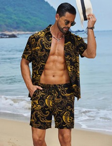 Ensemble chemise et short décontracté d'été pour homme, imprimé hawaïen, respirant, à manches courtes, deux pièces, fournisseur en gros - Product Image 3