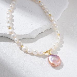 Baroque Pearl White Freshwater Pearl Necklace Pink Baroque Pendant Gold Filled Beaded Choker Women Minimal Elegant Jewelry Gift - Product Image 1