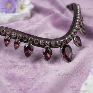 Diadema de Cuero Negro de Lujo para Caballo con Cristales Morados en Forma de Lágrima y Adornos de Diamantes de Imitación - Product Image 2