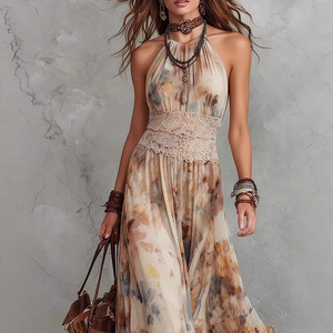 Robe longue en mousseline tissée à imprimé floral bohème, col en V profond, coupe ajustée, taille naturelle, pour l'été, décontractée, usage quotidien, ODM - Product Image 3