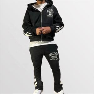 Streetwear graphique personnalisé imprimé bouffant fermeture éclair complète à capuche pantalons de survêtement 2 pièces ensemble hommes lavage à l'acide jogger ensembles 100% coton survêtement - Product Image 2