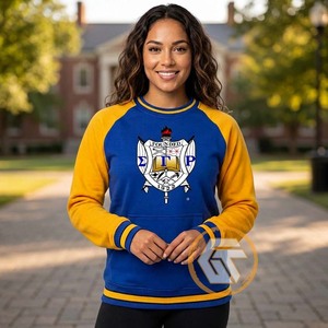 เสื้อสเวตเชิ้ตคอกลมสีน้ำเงินทองสำหรับผู้หญิง Sigma Gamma Rho ปักลายตราสัญลักษณ์ด้านหน้า ผ้าฝ้ายฟลีซเนื้อนุ่ม ทรงปกติ - Product Image 1