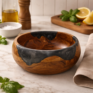 ชามสลัดไม้กระถินทรงกลมตกแต่งด้วยเรซิ่นอีพ็อกซี่สีเทาน้ำตาลธรรมชาติ งานแฮนด์เมด เหมาะสำหรับงานปาร์ตี้ เทศกาล และตกแต่งบ้าน - Product Image 2