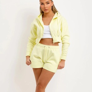 100% Cotton Fleece Fabric Made Crop Zipper Hoodie & Shorts <b>Sets</b> Casual Loungewear & Jogging Running Clothing Hooded <b>Twin</b> <b>Set</b> - Product Image 3