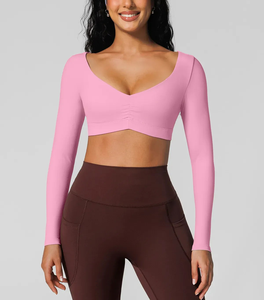 2027 OEM Wholesale Women's Compression Breathable Yoga Shirt for Outdoor Sports Gym T-Shirt V Neck Long Sleeve <b>Cropped</b> Yoga <b>Top</b> - Product Image 1