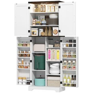 Armoire de cuisine blanche de 64 pouces de hauteur avec éclairage à détecteur de mouvement, étagères à épices et étagères réglables - Product Image 2