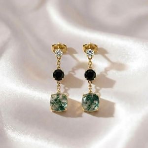 Moss Agate & <b>Black</b> Obsidian Drop Earrings Cushion Cut Green Gemstone Earrings With CZ Accent Elegant Fine Stud Earrings Gift - Product Image 1