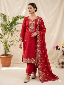Red Salwar Kameez Set With Embroidered Details Traditional Indian Pakistani Wear For Women Ankle Length Regular Fit - Product Image 1