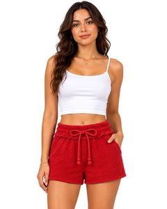 Custom Red Women <b>Drawstring</b> Casual Shorts Soft Cotton Terry Summer Beach Lounge Shorts Elastic Waist Pocket Comfortable Fashion - Product Image 1