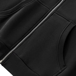 Sudadera con capucha de algodón grueso con cuello y cremallera completa, color negro liso, con logotipo personalizado bordado en 3D y estampado en relieve para hombre y mujer - Product Image 6