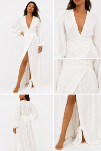 Robe longue blanche à col en V profond et manches longues, fente haute, style bohème, cache-maillot de plage, sexy, pour vacances d'été et soirées, 100% coton, coupe moderne - Product Image 2