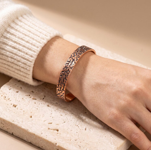 Copper Hand Forged Vintage Mokume Gane Swirl Ring Carving Cuff Bangle Adjustable Open Flat Wristband - Product Image 5