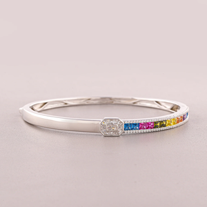 Women's Rhodium Plated Tibetan <b>Silver</b> <b>Bangle</b> With Round Brilliant Cut Diamond Channel Setting Geometric Classic <b>Bracelet</b> - Product Image 4