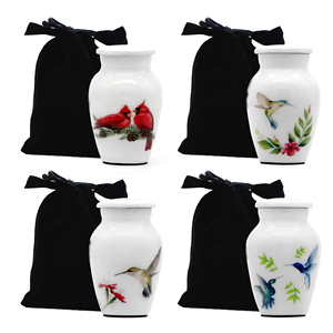 Ensemble de 4 urnes commémoratives en alliage d'aluminium imprimées de petits oiseaux, style Art Déco, faites à la main, idéales pour offrir en famille - Product Image 2