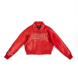 Delta |   Sigma |   Veste bomber en similicuir rouge respirante de la sororité Theta, avec lettres grecques, pour femmes - Product Image 4