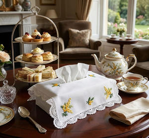 Cubierta Rectangular para Caja de Pañuelos con Bordado Personalizado Vintage de Flores de Mimosa Amarillas, Borde de Encaje, 100% Algodón Hecho a Mano, Duradero, para Colgar en Casa - Product Image 1