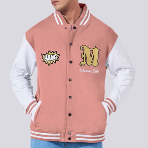 Factory Wholesale OEM High Quality <b>Men's</b> Pink White Varsity <b>Jacket</b> <b>Leather</b> Sleeve Baseball Letterman Regular Fit <b>Men's</b> <b>Jacket</b> - Product Image 1