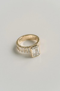 Elegant 3CT Emerald Cut Moissanite <b>Ring</b> 14k Yellow <b>Gold</b> Bezel <b>Set</b> Baguette Shoulder Half Eternity Band Wedding <b>Ring</b> - Product Image 4