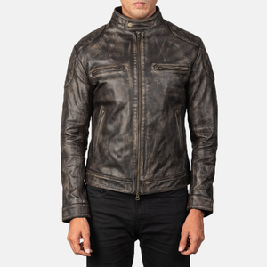 Top ajustado a la moda para hombre, Parka para motocicleta, chaqueta de cuero de vaca auténtica de invierno en verano, tela de lona con cuello levantado negro - Product Image 1