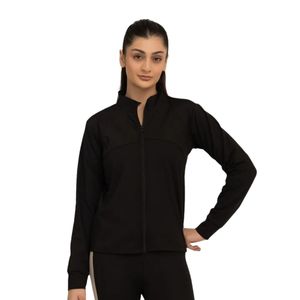 Blouson bomber noir pour femme, fermeture éclair intégrale, col montant, manches longues, en polyester tricoté, vêtement de sport décontracté, tenue d'automne - Product Image 1