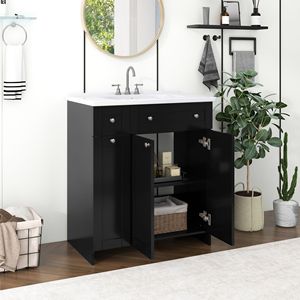 Lavanderia da bagno nera da 30 pollici con lavandino in ceramica combinato a doppio livello cassetto profondo e 2 porte Soft-Close abbondante armadio di stoccaggio - Product Image 2