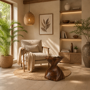 Taburete Trenzado de Madera Suar Adara, Diseño Escultural Moderno, Acabado Premium en Nogal, Asiento Decorativo Hecho a Mano, Otomana de Lujo para Sala de Estar - Product Image 6