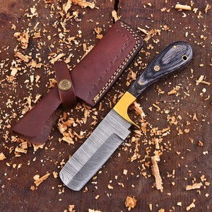 Hand Forged Damascus Steel Cowboy Bull Cutter Knife Custom OEM Full Tang EDC Fixed Blade Pakka Wood Handle With Leather Sheath - Product Image 1