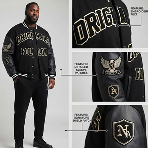 Men Leather Sleeve Patches Embroidery Front Varsity Jacket Men Crew Neck Button <b>Up</b> Varsity Jackets Men's - Product Image 2
