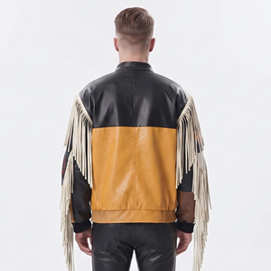Vestes en cuir à franges pour hommes avec fermeture éclair, vestes en cuir à franges pour hommes avec col montant, veste en cuir véritable à franges tendance pour hommes - Product Image 2