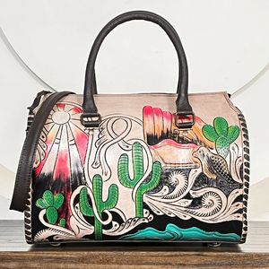 Large Capacity Handcrafted Genuine <b>Leather</b> Cactus Designer Travel Duffel Bags Wholesale Western Style Unisex Weekender Bags - Product Image 4