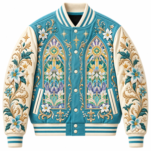 Chaqueta Varsity Bordada Color Verde Azulado para Hombre, Chaqueta de Béisbol con Botones a Presión y Diseño Floral de Vitral - Product Image 1