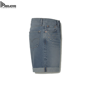 Pantalones Cortos de Mezclilla Vintage para Hombre, de Alta Calidad, Lavado Medio, Corte Recto, con Dobladillo Enrollado, Bordado de Constelaciones, 100% Algodón - Product Image 2