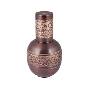 Antique Embossed Pure Copper Bedside Carafe Set – Round Bulbous Pitcher with Matching Etched Tumbler Lid - Product Image 1