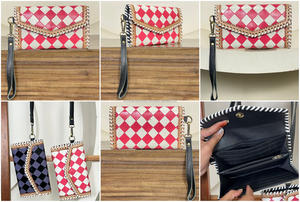 กระเป๋าคลัทช์แฟชั่นหนังแท้สไตล์โบฮีเมียนวินเทจสำหรับผู้หญิงสีชมพูและสีขาว - Product Image 3