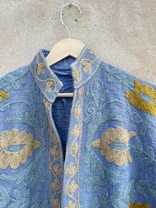 Women Blue Cotton Hand Embroidered Boho <b>Jacket</b> Floral Kashmiri Suzani Style Ethnic <b>Short</b> Coat Outerwear - Product Image 3