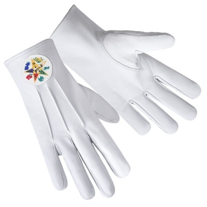 Luxury OES White Leather Regalia <b>Gloves</b> with Round White Floral Emblem - Product Image 3